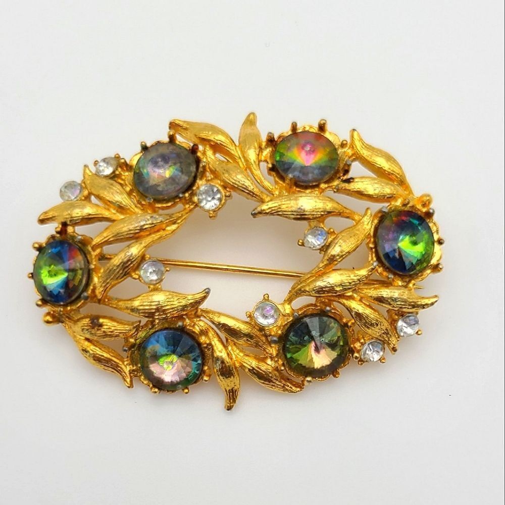 Vintage AB Rhinestone  oval Brooch Pin